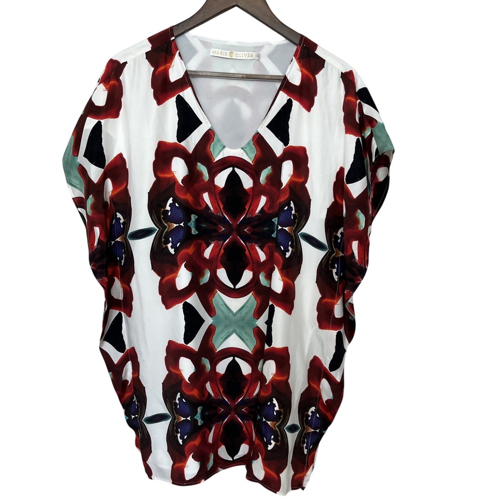 Marie Oliver 100% Silk Shift Dress Geometric Pattern XXS Small Lined